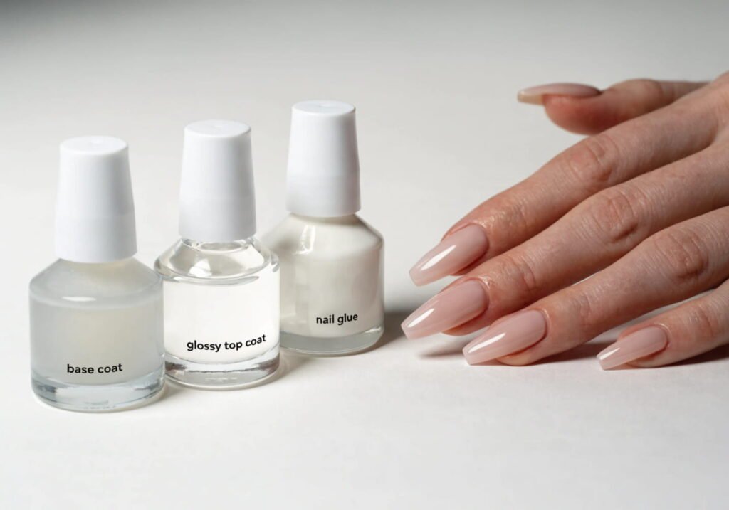 Nail care products including base coat, top coat, and glue next to a finished glossy manicure.