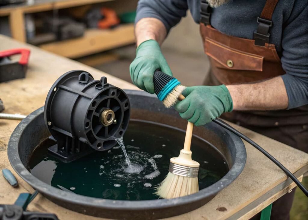 Cleaning debris from a solar fountain pump impeller during routine troubleshooting