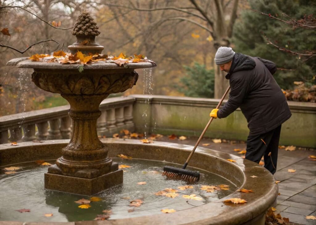 Cleaning and maintaining an outdoor water fountain basin.