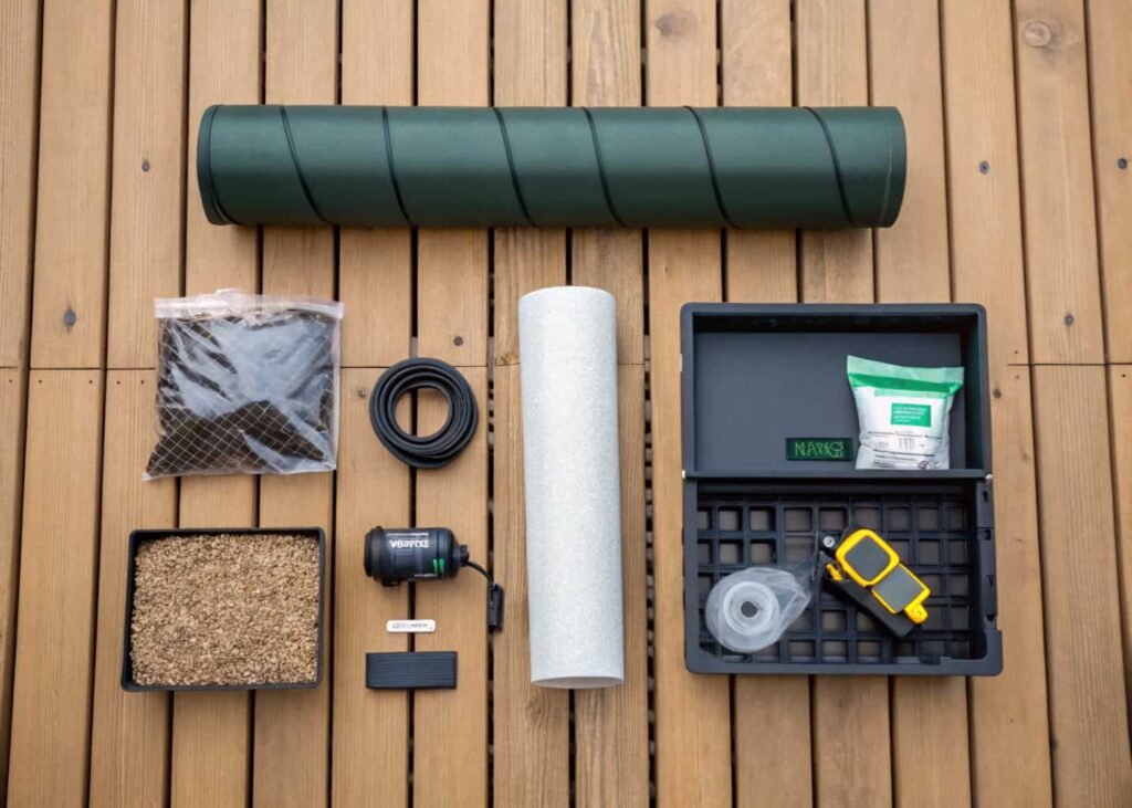 Flat-lay of DIY water feature materials including pond liner, pump, and gravel for budget planning.