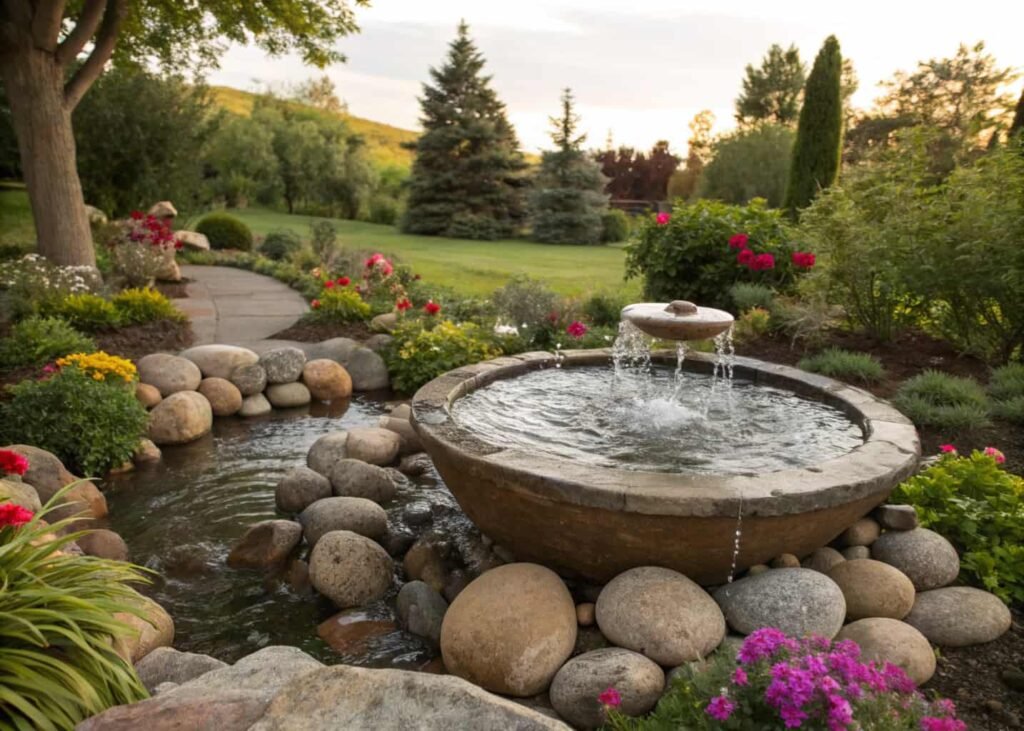 Outdoor garden DIY disappearing fountain with river rock bed
