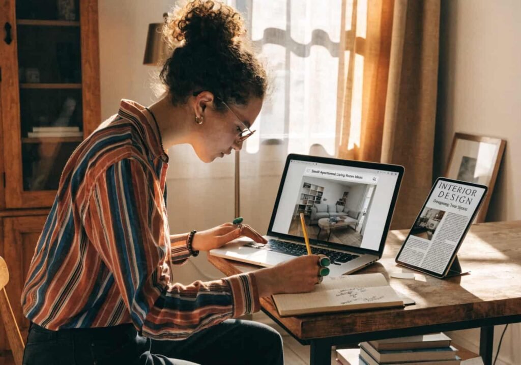 A person searching home decor inspiration on a laptop and tablet side by side, comparing a small apartment living room photo against a magazine spread, warm natural light, notebook with measurements jotted down.