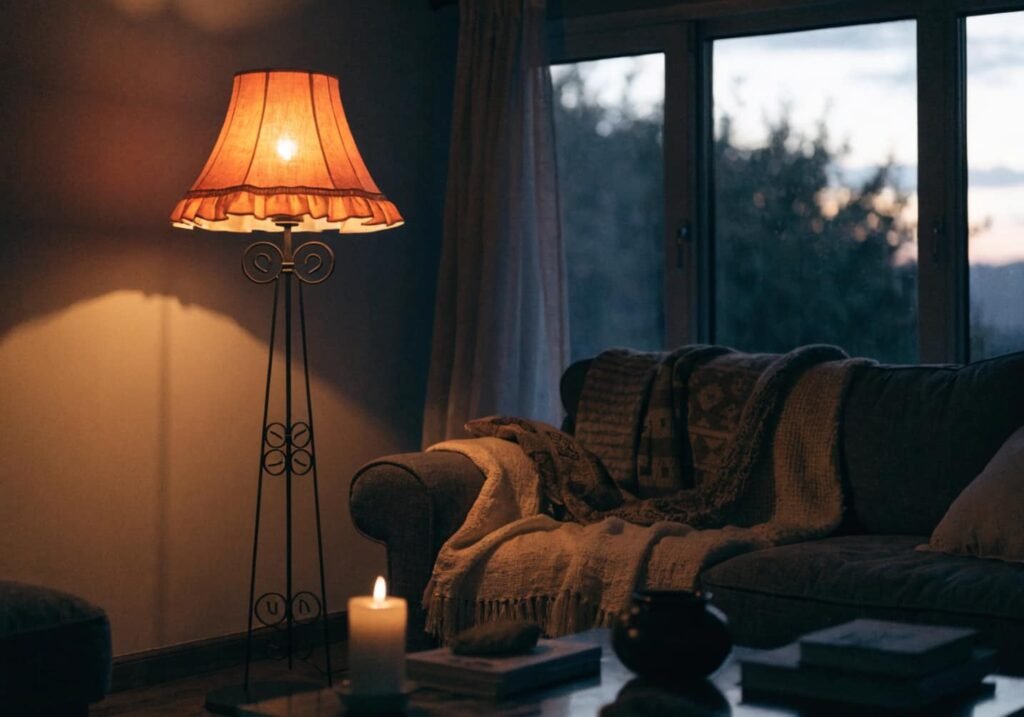 Warm amber-lit living room corner with layered textiles for a cozy ambiance