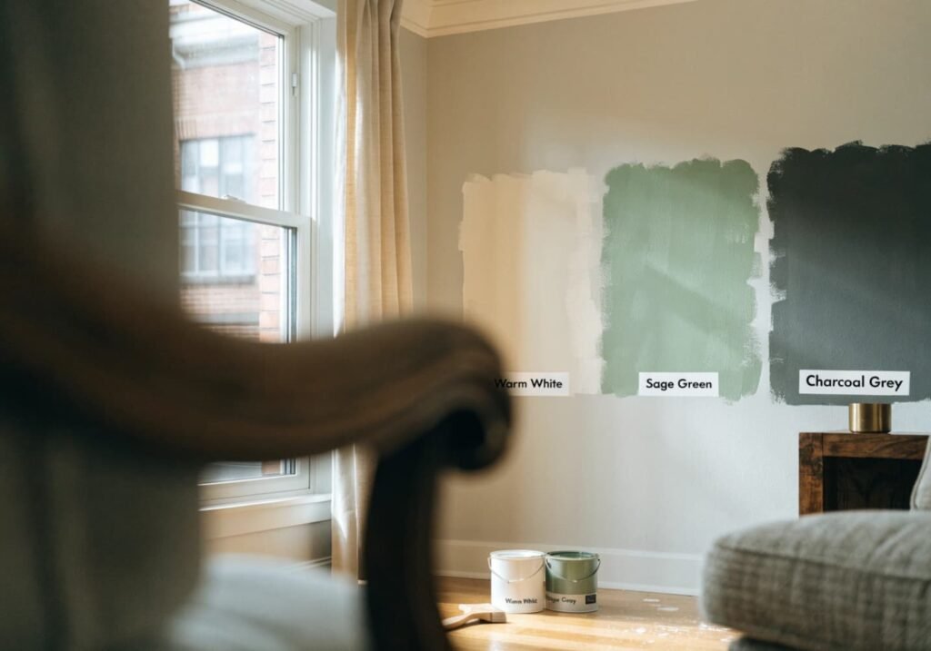 Paint swatches for a modern colour palette tested on a living room wall in natural light.