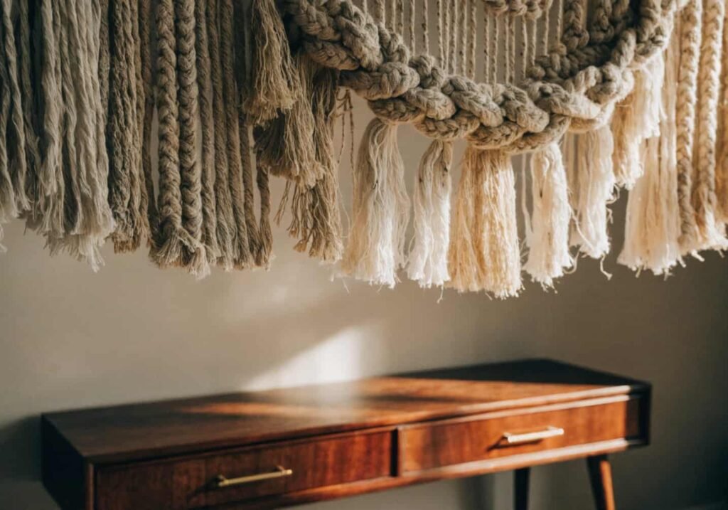 Handmade jute and cotton wall hanging above a living room console table