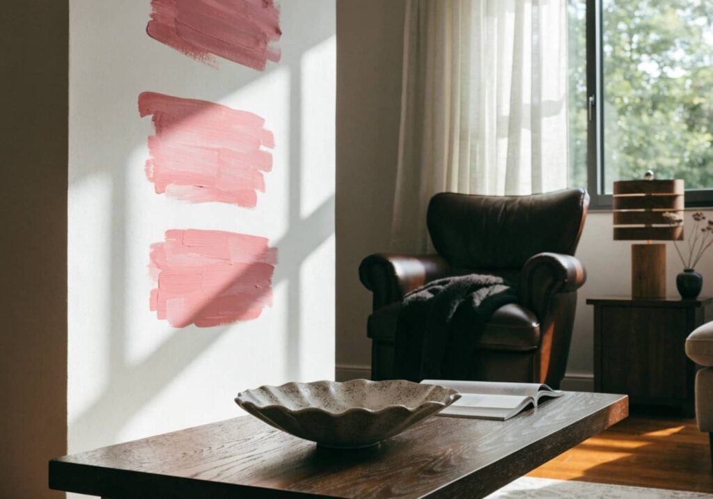 Close-up of a paint roller applying blush pink paint to a living room wall, with a paint can and swatch cards on the floor.