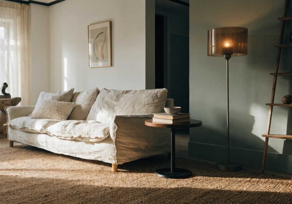 Sage green accent wall paired with neutral walls in a nature-inspired living room.
