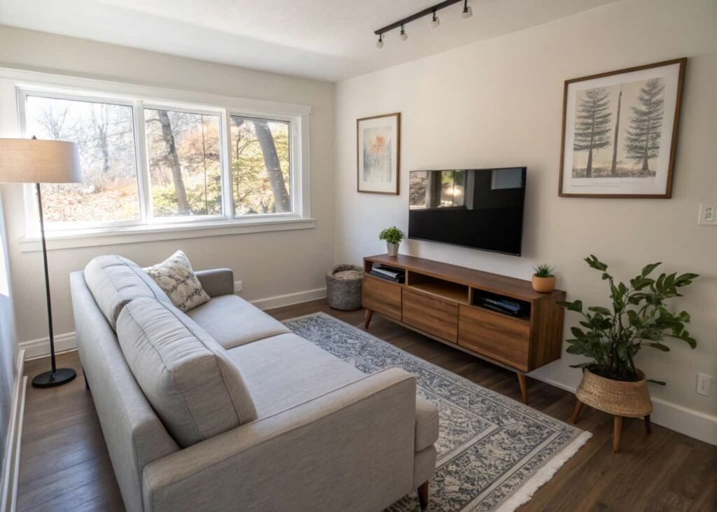 Small living room with sofa and console placed against opposite walls to open a center walkway.