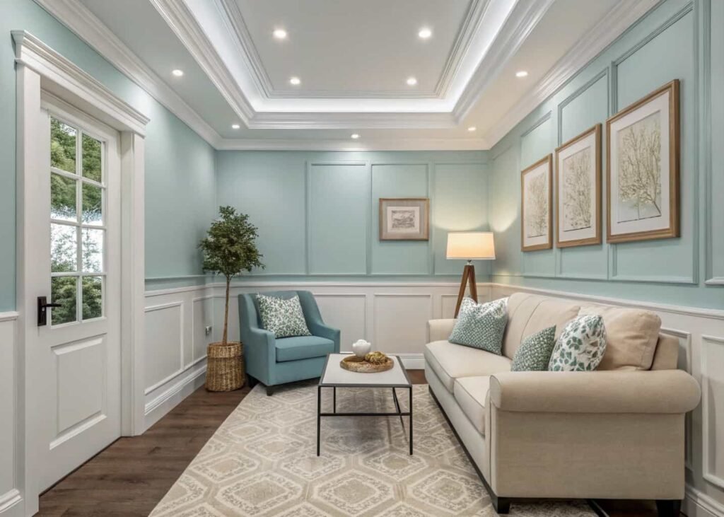 Small living room using color tricks to expand the visual space.