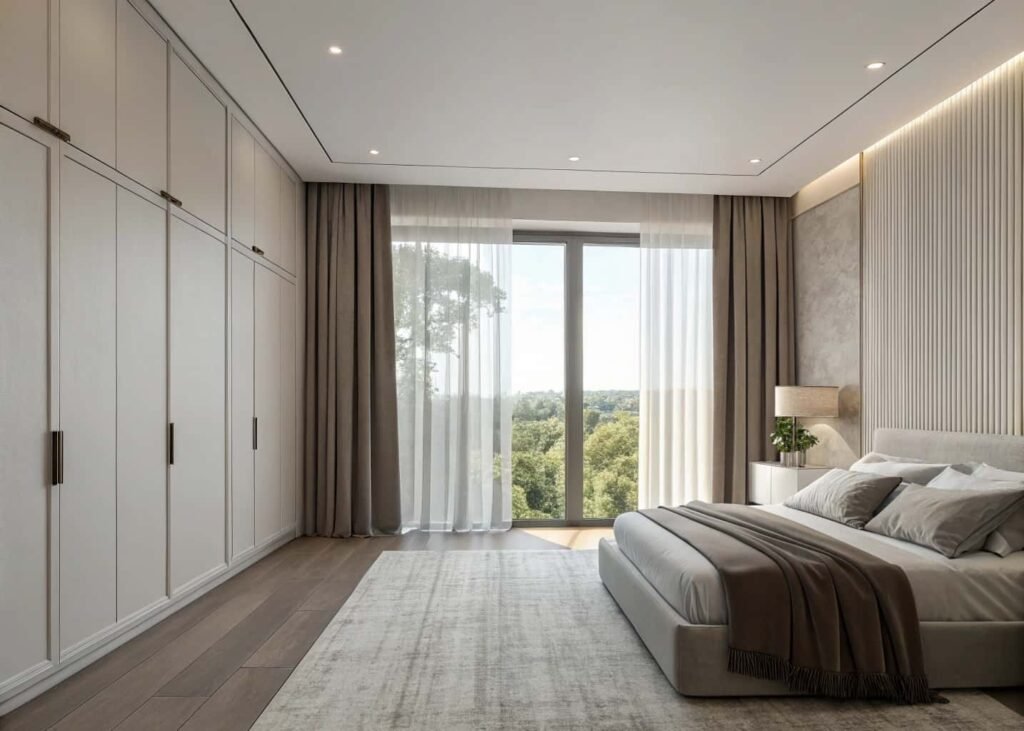 Small bedroom using ceiling-height curtains to create height illusion