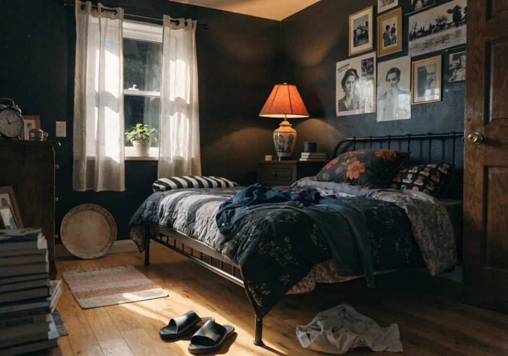 Budget-friendly black feature wall bedroom makeover with thrifted decor and warm lighting.