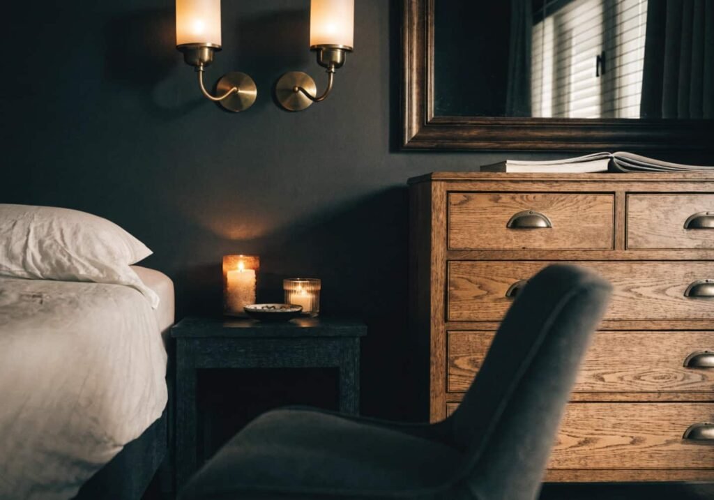 Brass sconces and warm wood furniture adding coziness to a moody black bedroom