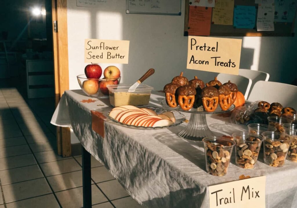 Fall-themed kindergarten classroom snacks including apple slices, pretzel acorns, and trail mix.
