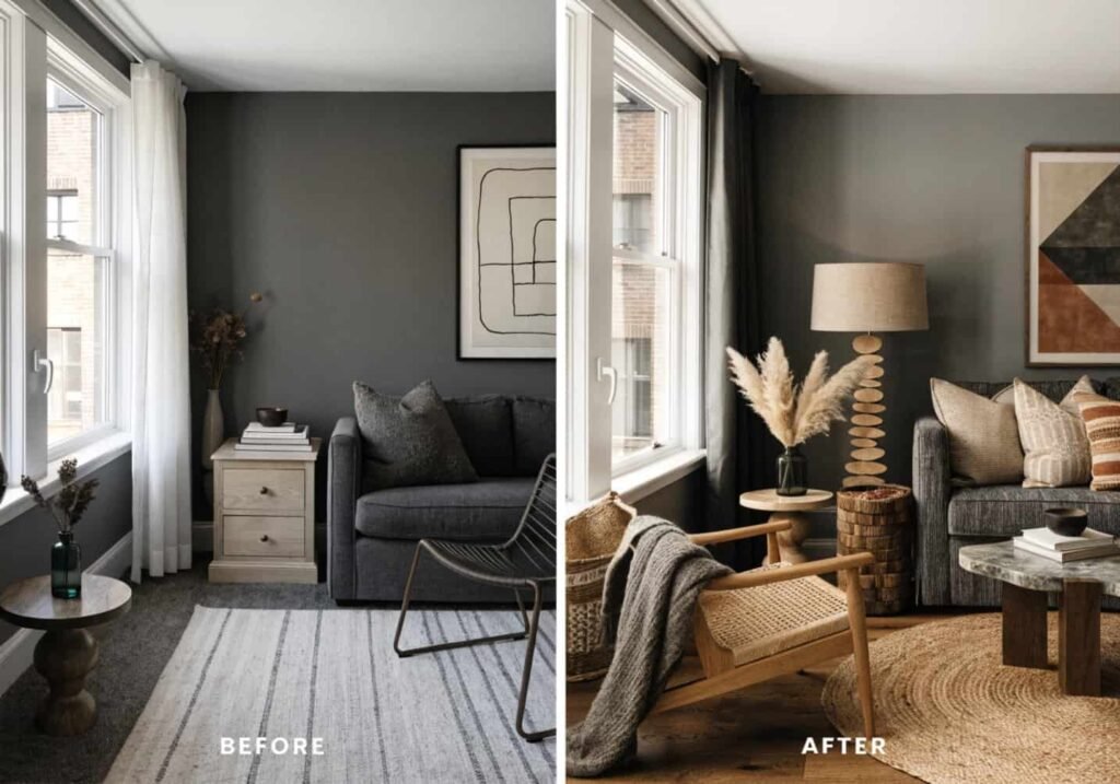 Common gray boho decorating mistakes shown in a styled comparison