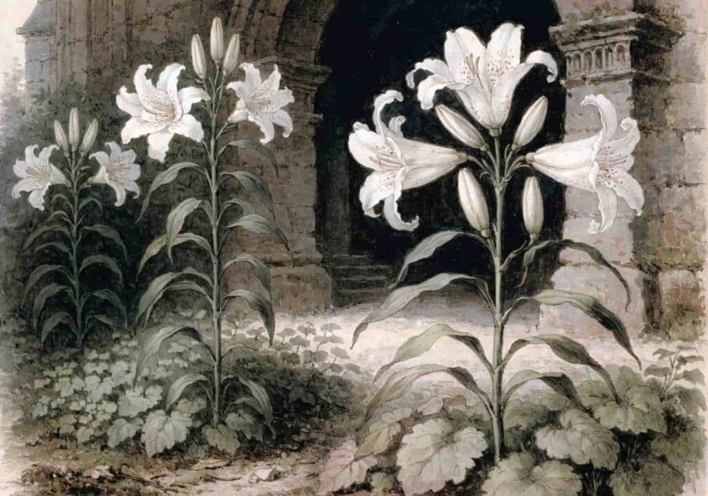 Madonna lilies growing beside a stone church archway in a botanical illustration style