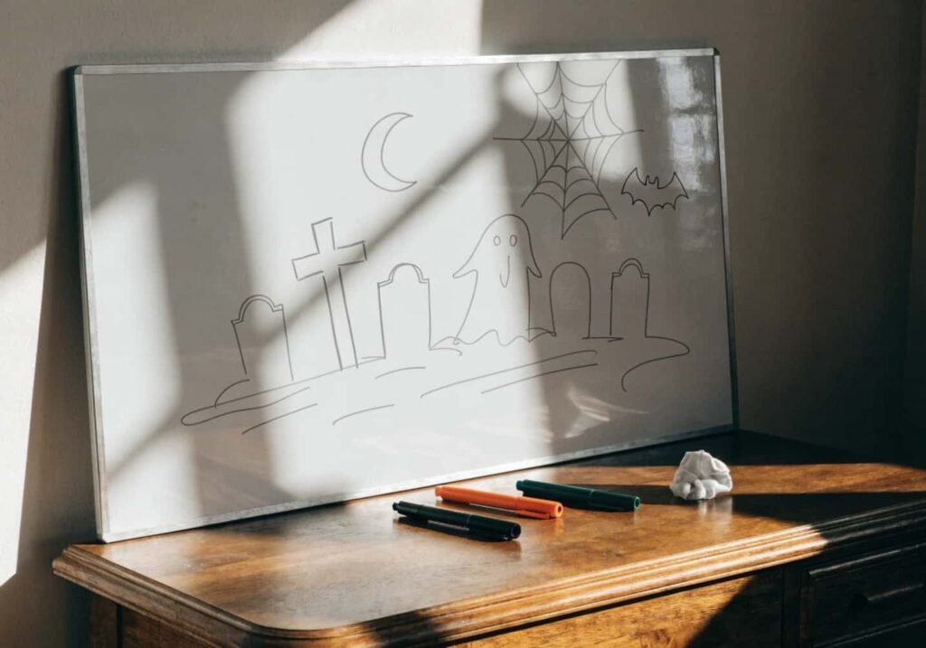 Blank white board with a light outline sketch for a Halloween-themed drawing.