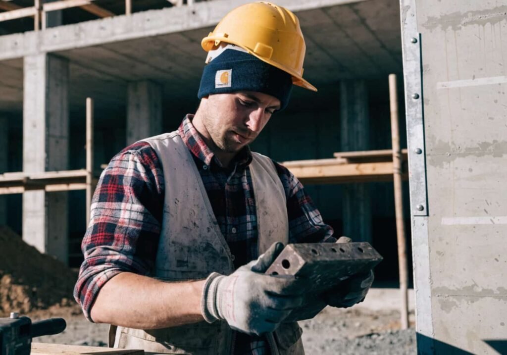 Worker wearing Carhartt beanie under hard hat at construction site