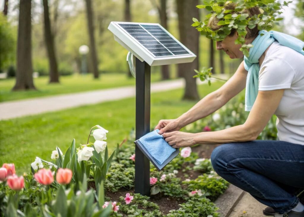 Cleaning dust off a solar fountain panel to maintain full power output