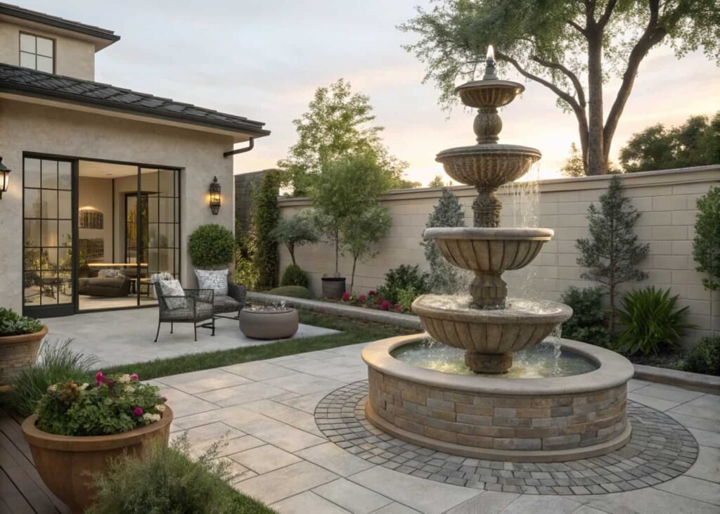 Cast stone tiered water fountain as a backyard patio centerpiece