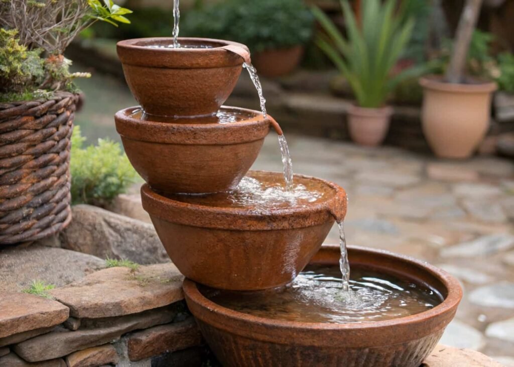 DIY tiered fountain using stacked old terracotta pots
