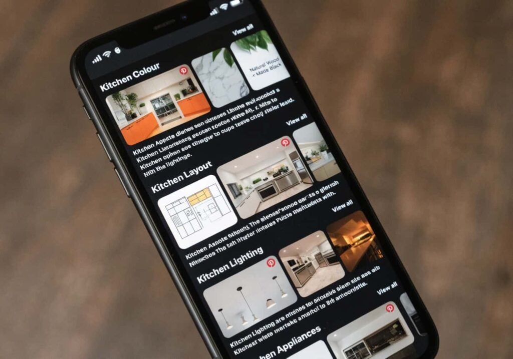 Close-up of a smartphone screen showing a Pinterest board organized into labeled sections for kitchen colour, layout, and lighting, with sample pinned images visible.