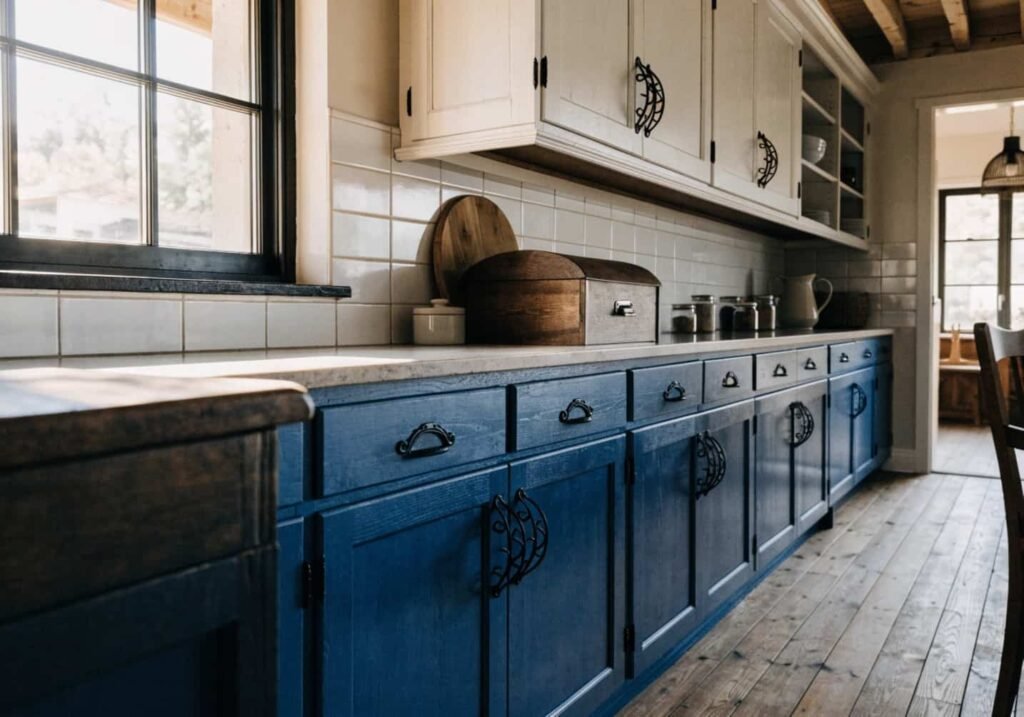 Rustic two-tone kitchen cabinets with black iron hardware