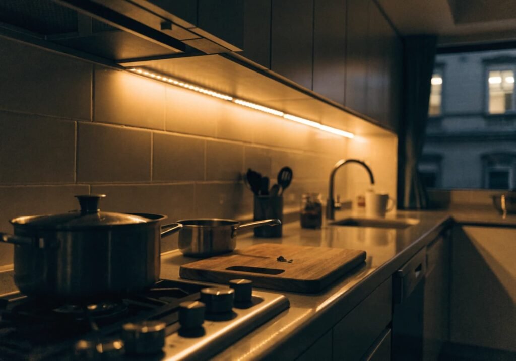 Warm under-cabinet lighting creating a cozy evening kitchen atmosphere