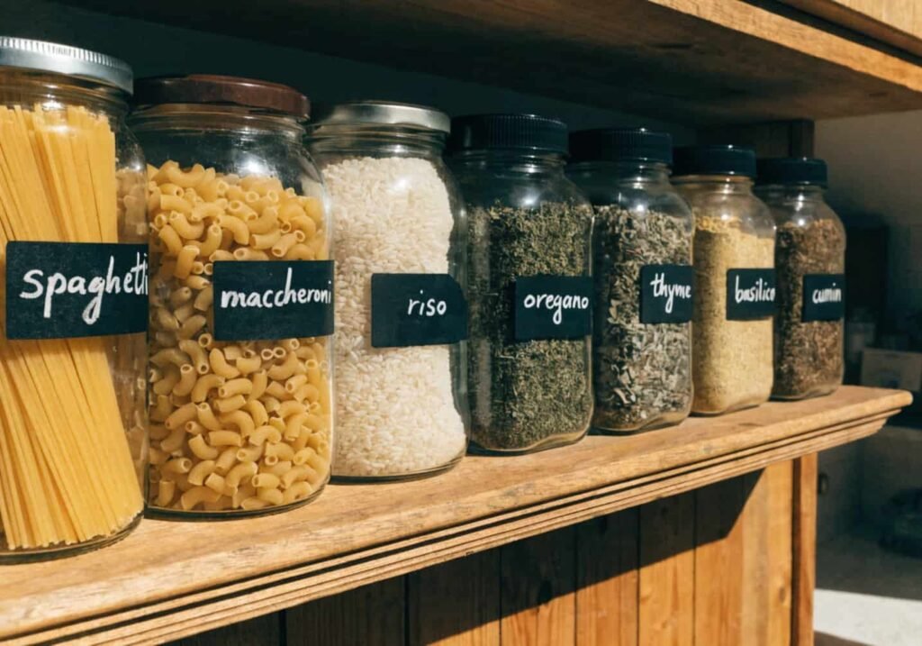 Handmade labeled glass jars storing kitchen staples on open shelving