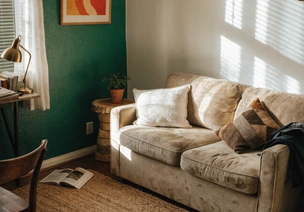 Budget living room makeover with a painted accent wall and warm layered lighting