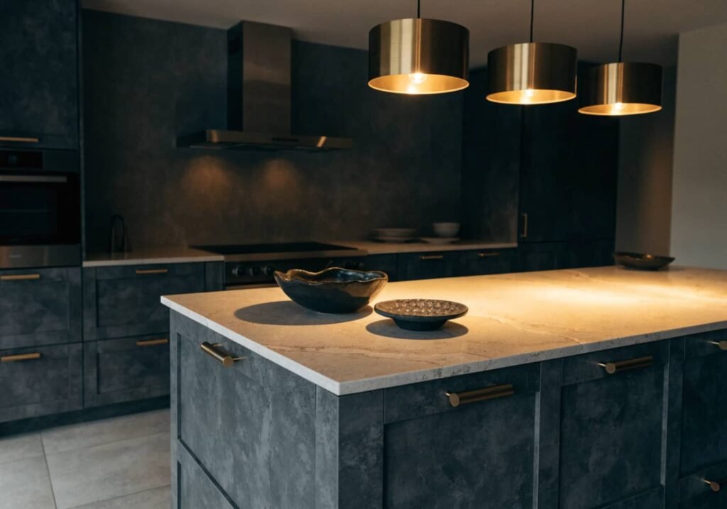 Dark matte kitchen cabinets paired with light stone countertop and brass hardware