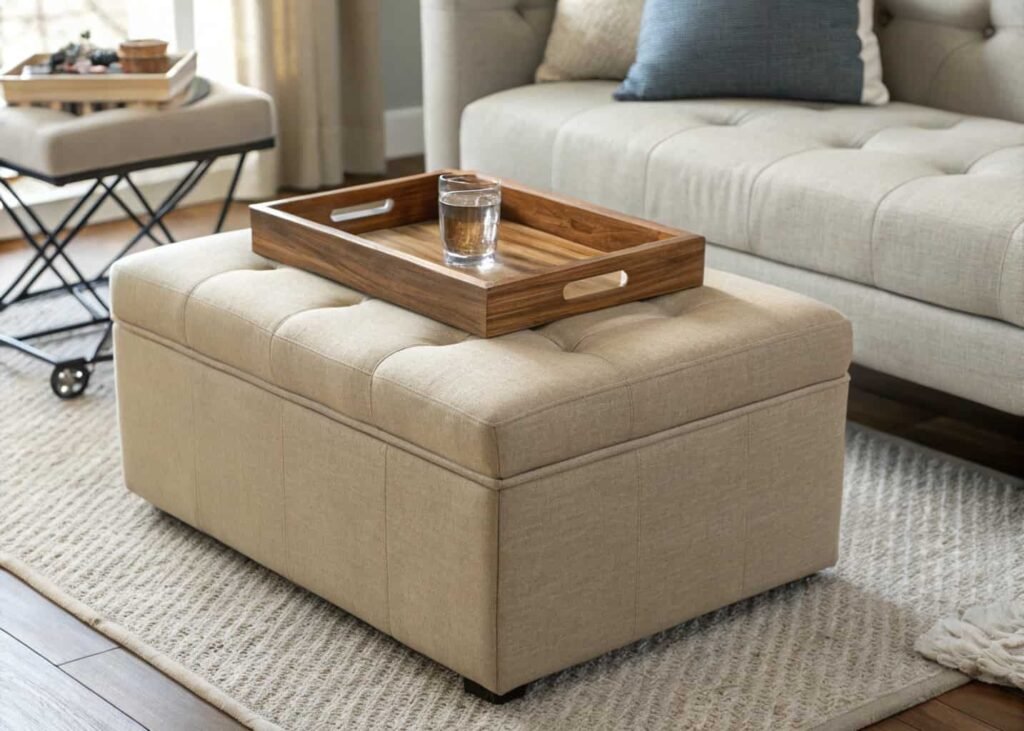 Storage ottoman with a tray top used as a multi-functional coffee table in a small living room.