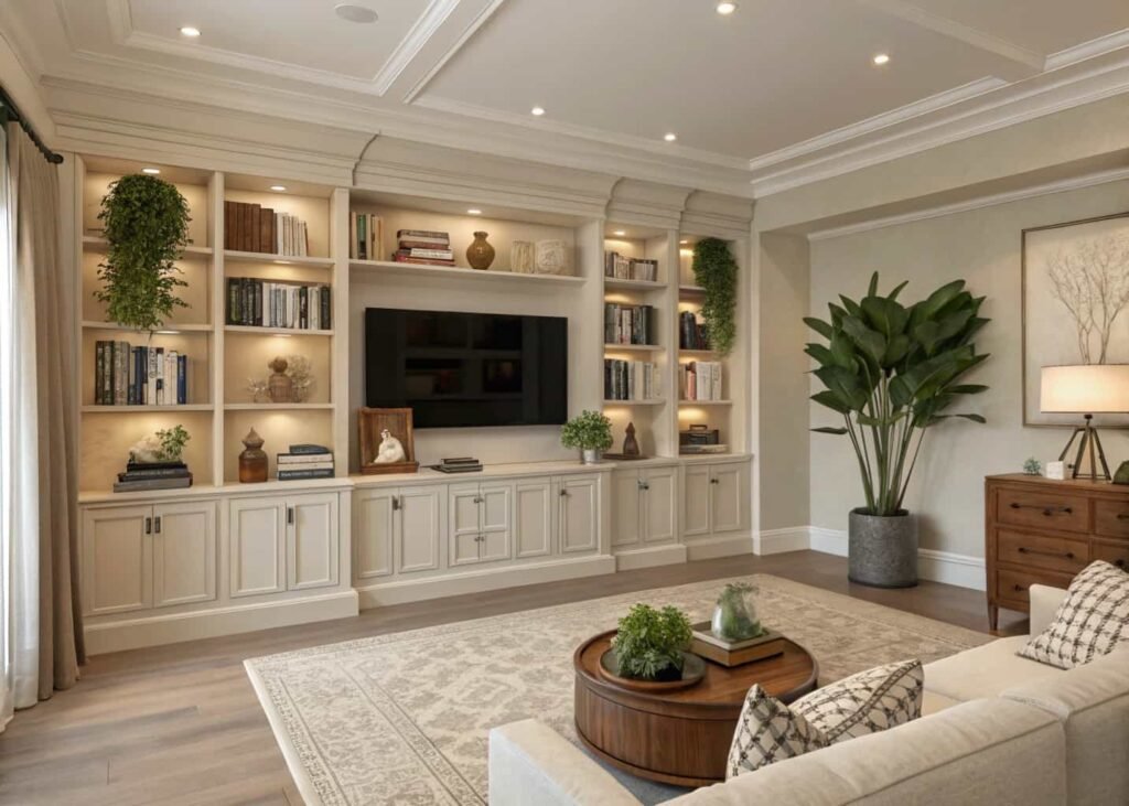 Large living room featuring an open shelving wall as a design feature.