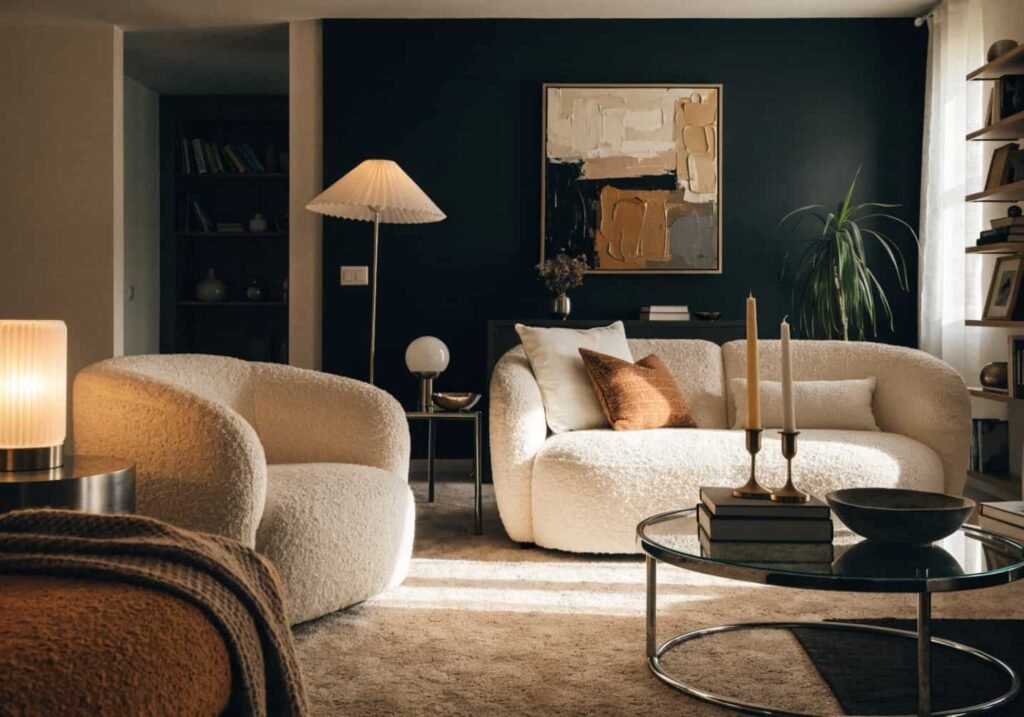 Finished living room showing how one black accent wall transforms the whole space.