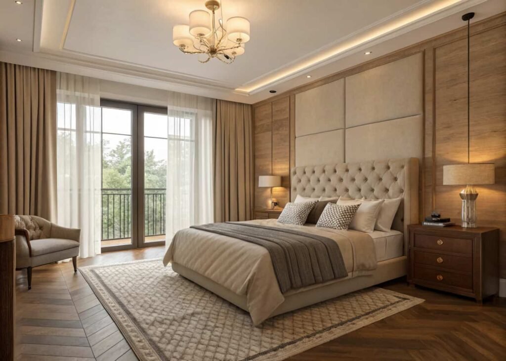 Bedroom designed for sound absorption with curtains and upholstered headboard