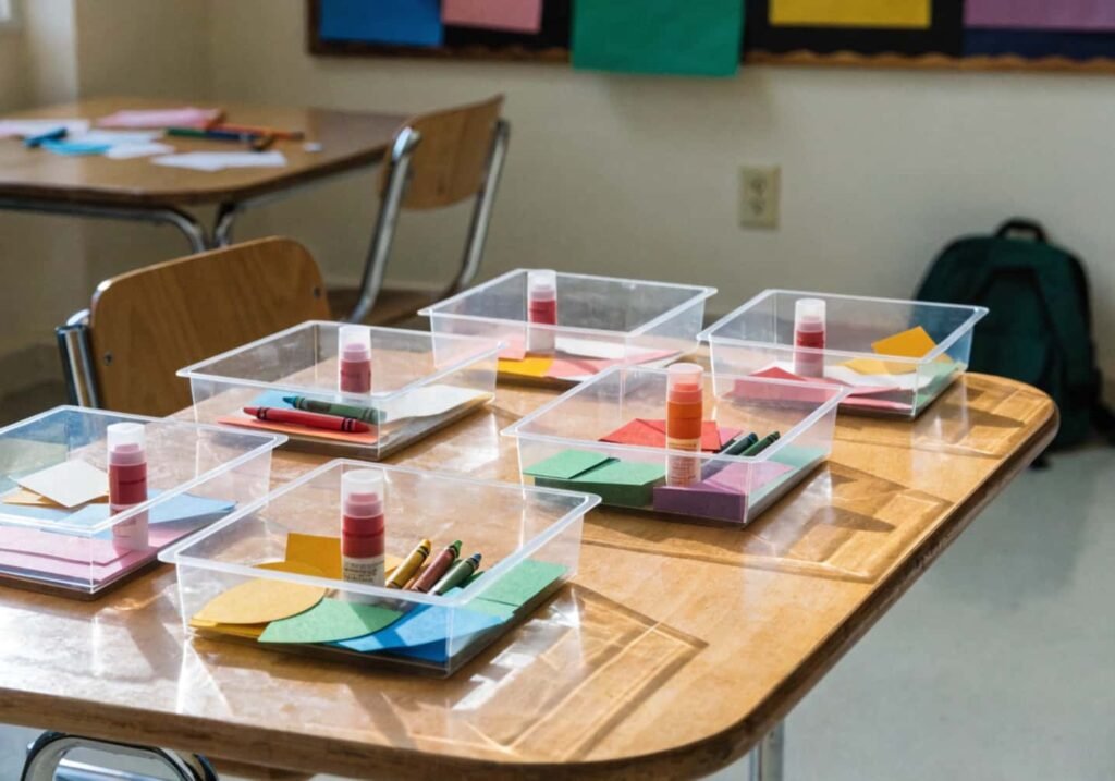 Craft supply trays organized on a classroom table for a kindergarten fall craft activity.