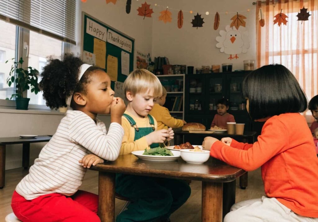 Kindergarten classroom Thanksgiving feast celebration at the end of November