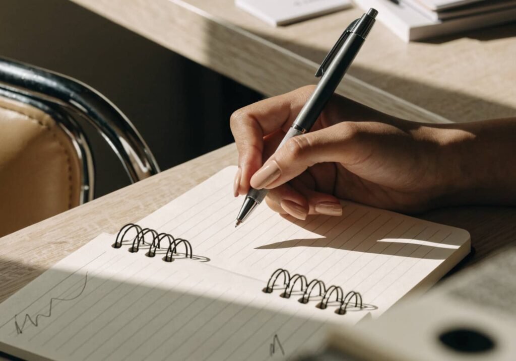 Short nude square acrylic nails shown in an office desk setting.