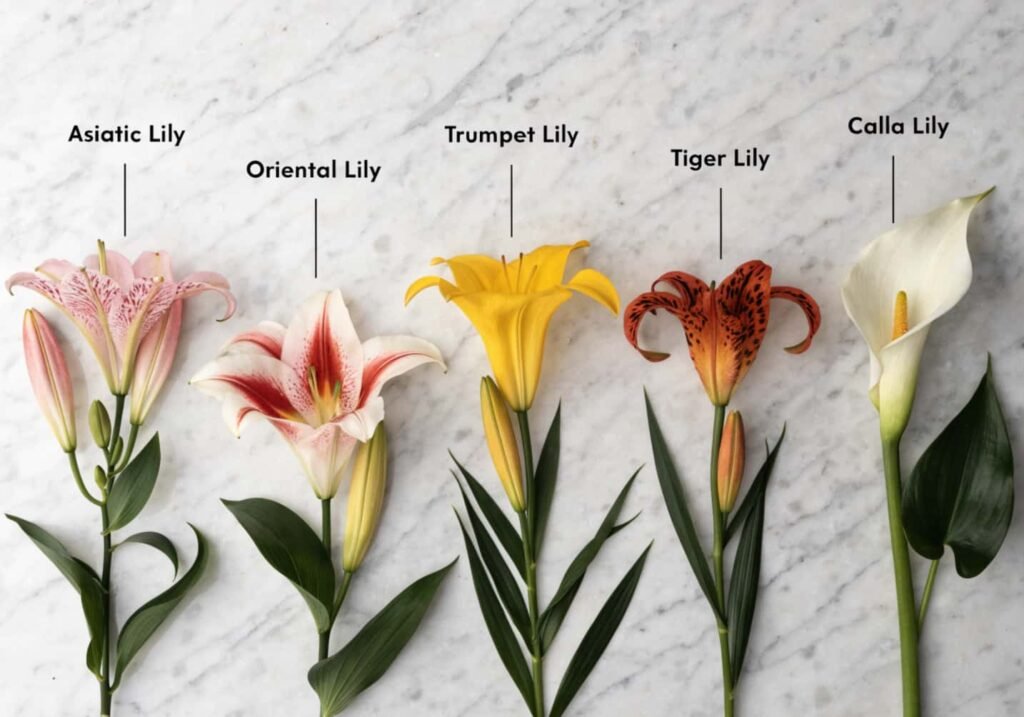 Comparison flat lay of Asiatic, Oriental, Trumpet, Tiger, and Calla lily varieties