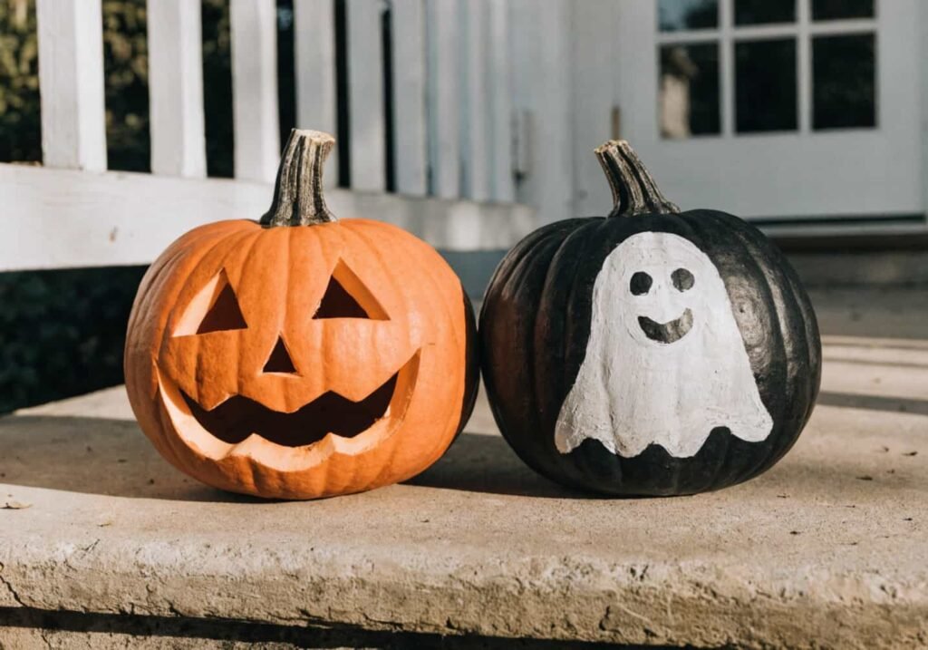 Comparison of a carved jack-o-lantern pumpkin and a painted black pumpkin with a ghost design.