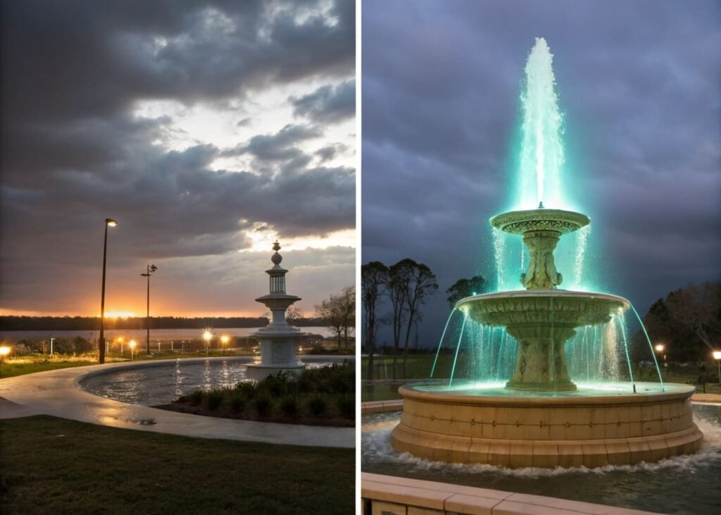 Visual comparison of consistent electric fountain flow versus weather-dependent solar fountain output