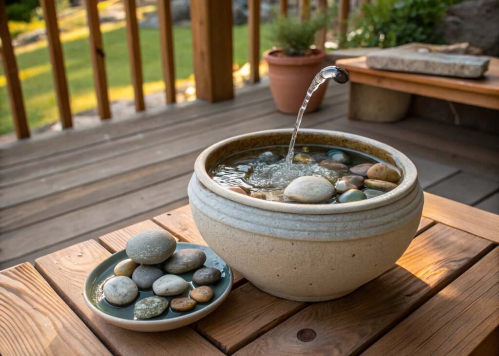 Simple DIY water fountain made from a ceramic pot with a small pump and river stones.