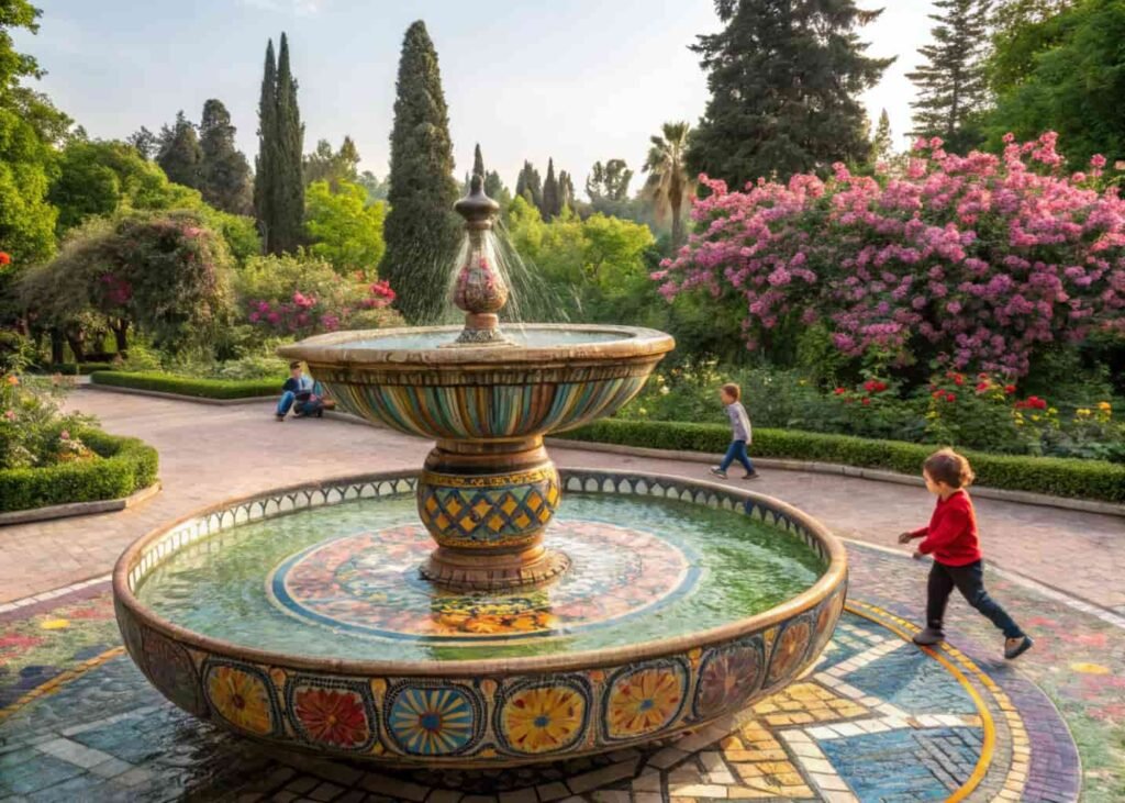 Kid-friendly mosaic DIY fountain in garden setting