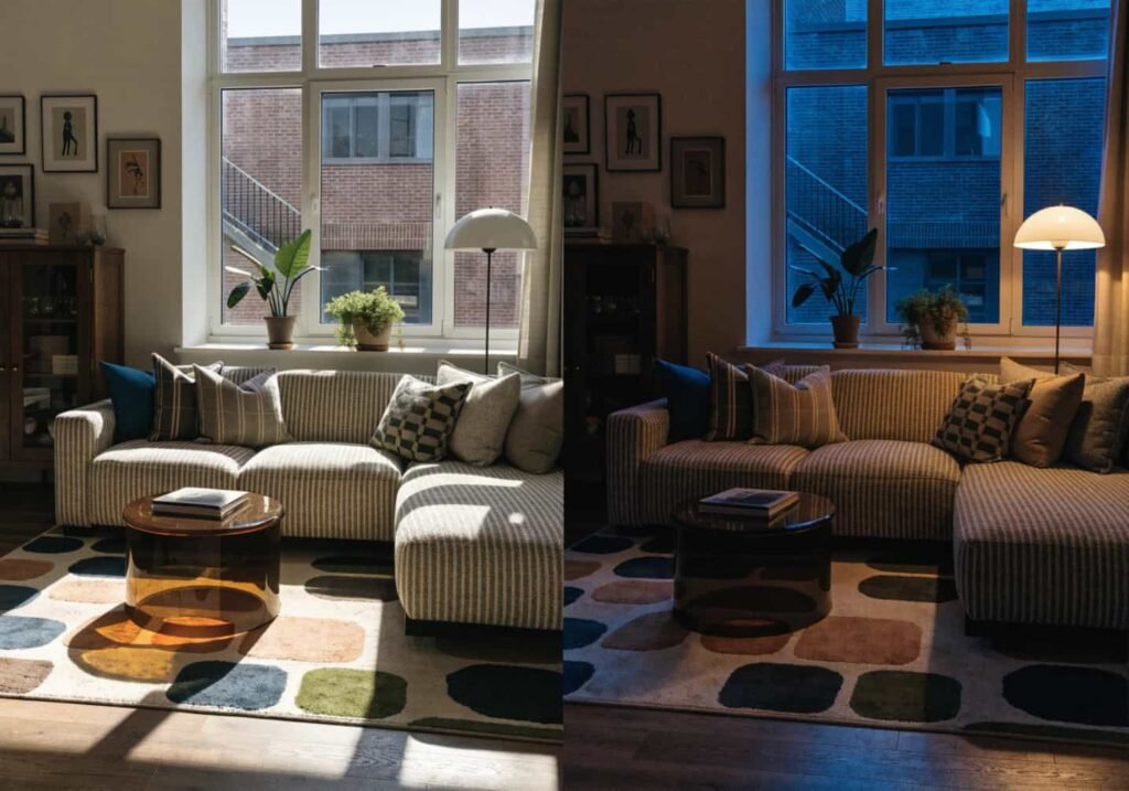 Split comparison image showing the same living room photographed in bright daylight versus warm evening lamp light, illustrating how lighting changes the mood of a space.