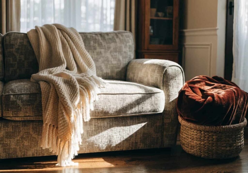 Layered soft throws and blankets styled casually on a sofa