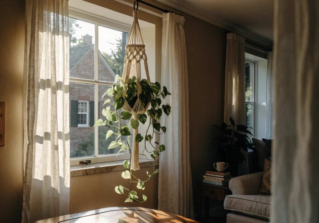 Macrame plant hanger holding a trailing pothos in a living room corner