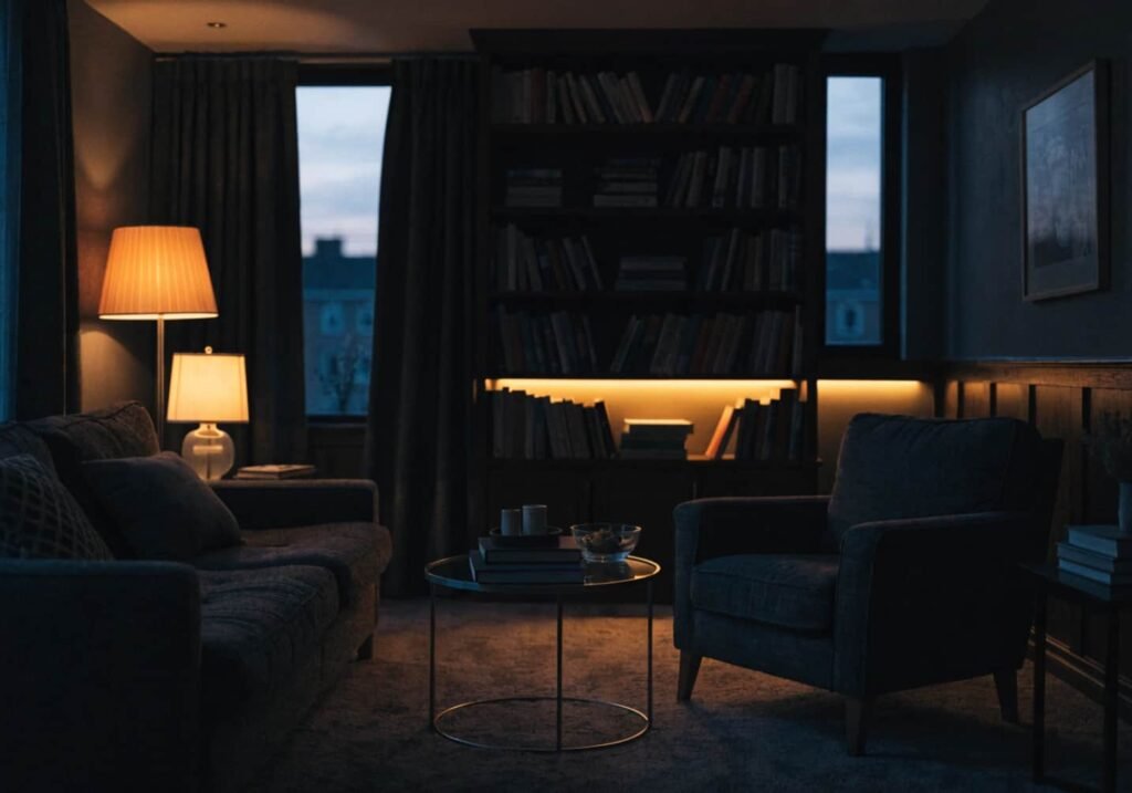 Layered warm lighting in a dark living room with floor lamp and accent lights