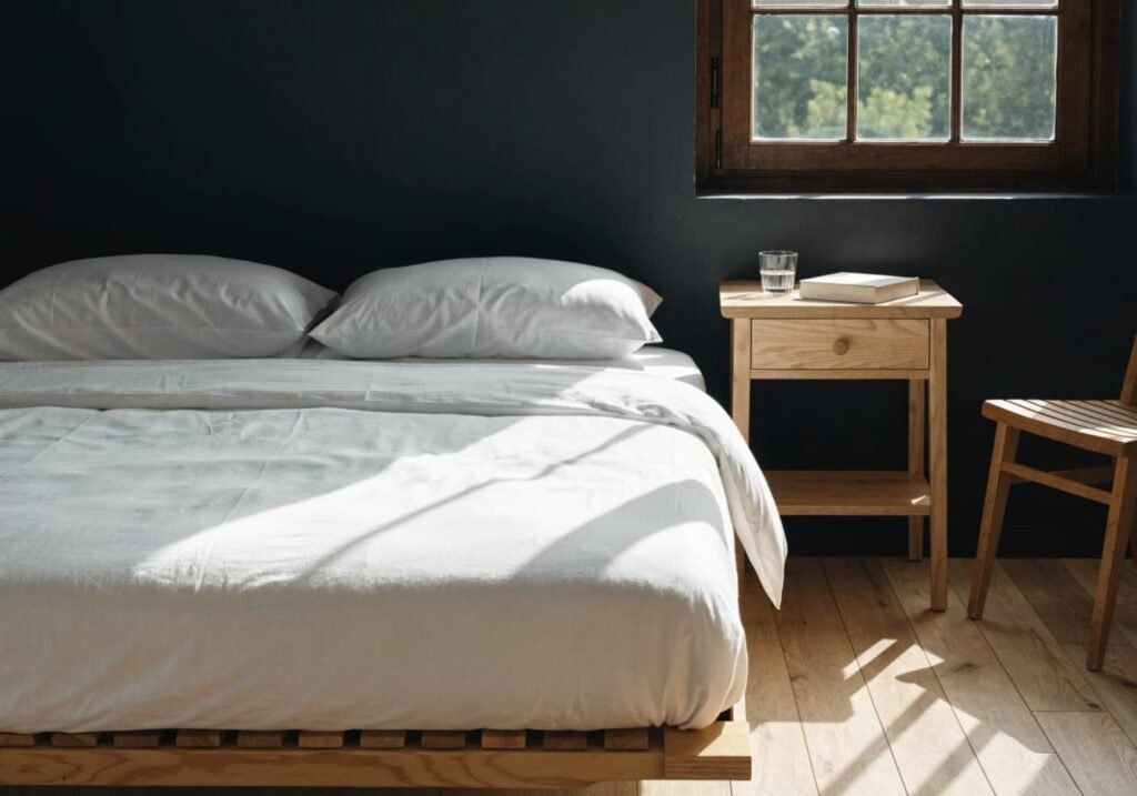 Crisp white bedding and light wood furniture creating strong contrast against a black bedroom wall