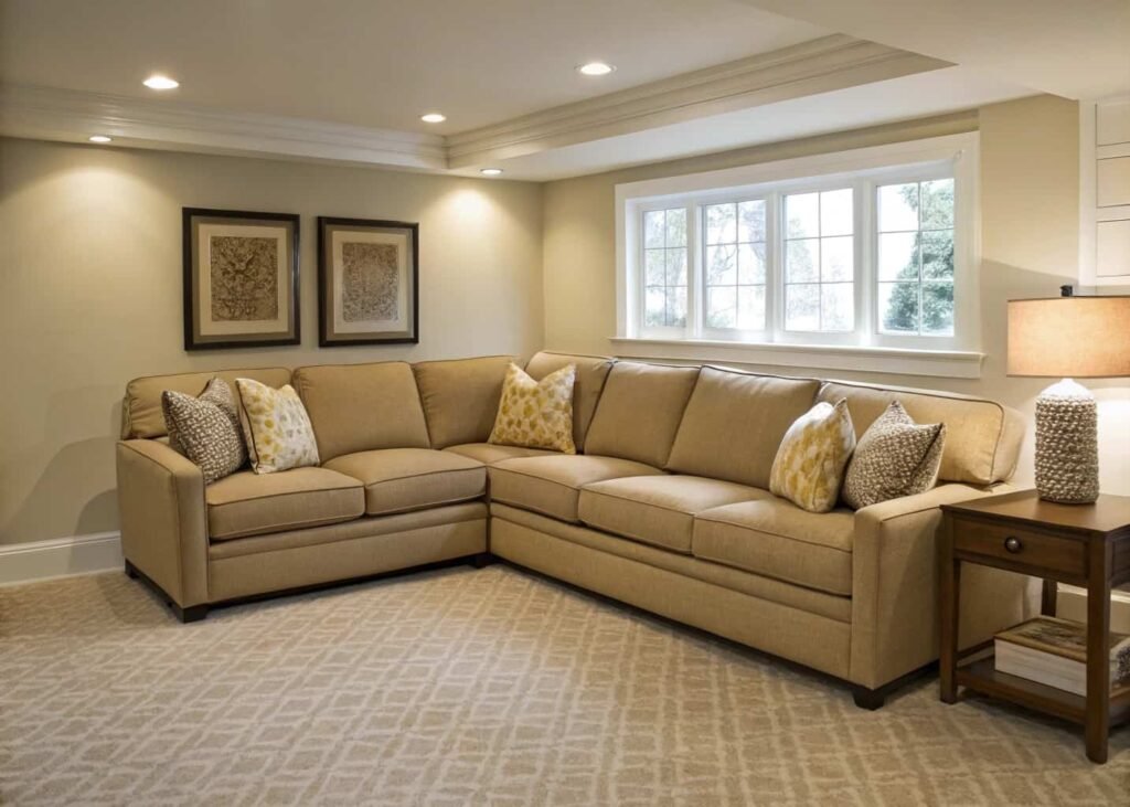 Corner L-shaped sectional sofa arranged in a small living room with clear walking space.