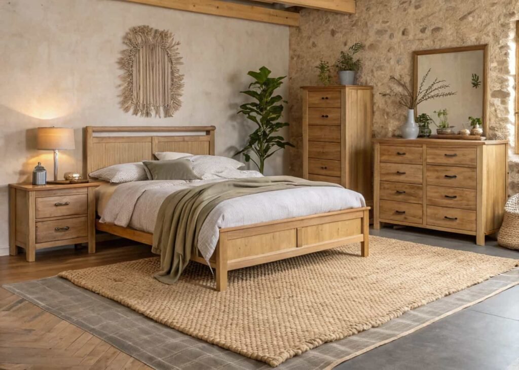 Bedroom designed with sustainable wood furniture and natural fiber materials