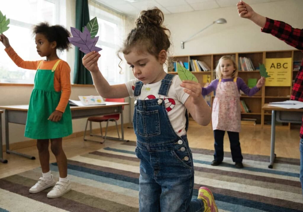 Children playing a fall leaf freeze dance movement game in kindergarten
